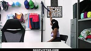 Young shoplifter Jenna Foxx gets her chocolate pussy penalized