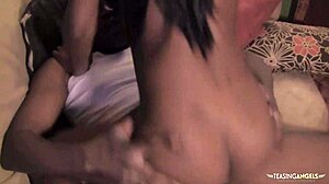 Skinny ebony sucks and fucks hard BBC after wet dream.