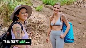 Jasmine Wilde and Kenzie Love share boyfriend's cock in the wild.