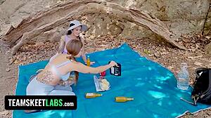 Jasmine Wilde and Kenzie Love share boyfriend's cock in the wild.