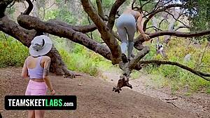 Jasmine Wilde and Kenzie Love share boyfriend's cock in the wild.