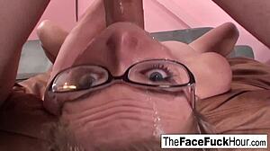 teen in glasses slobbers on his hard cock like a slut, getting rough facial and cumshot 😏💦