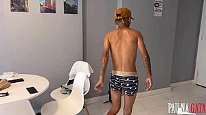 Two brothers have sex with brunette friend in menage