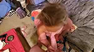 Sexy blonde stepmom sucking stepsons cock