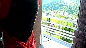 sexy dress-clad beauty girl bends over for doggystyle fucking, receiving a cumshot on her teen body.