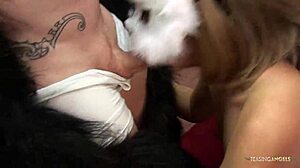 two guys in gorilla suits bang two blonde milfs on the sofa?