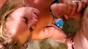 Sexy blonde stepmom sucking stepsons cock