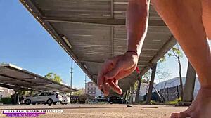 Sexy exib man loves flashing in parking lot