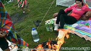 College babe fucked outdoors by lake with cumshot and facial in group