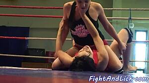 athletic lesbian babes pussylick and toy in boxing ring