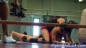 athletic lesbian babes pussylick and toy in boxing ring