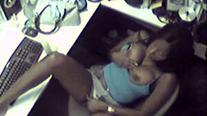 Ebony office babe toying her tight pussy solo at work