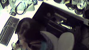 Ebony office babe toying her tight pussy solo at work