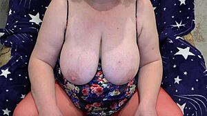 Fat milf shakes big tits and masturbates hairy pussy on webcam