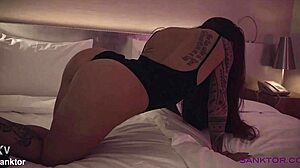 Tattooed slavegirl in handcuffs masturbates passionately