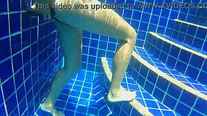 three panties stuffed in pussy, fucking black dildo in public pool
