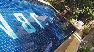 three panties stuffed in pussy, fucking black dildo in public pool