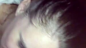 my girlfriend loves sucking my friend's cock, showing off her tits in this blowjob scene.