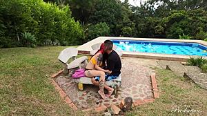 Young couple licks monster cock and fucks pussy outdoors on vacation