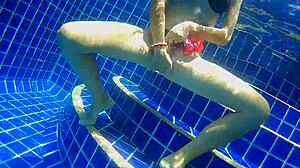 three panties stuffed in pussy, fucking black dildo in public pool