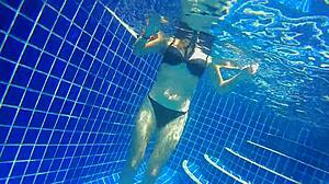 three panties stuffed in pussy, fucking black dildo in public pool