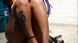 Purple-haired beautiful dances on the table with creampie fun