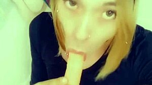 Beautiful shemale shows her adoration on her knees