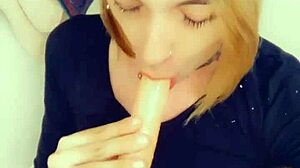 Beautiful shemale shows her adoration on her knees