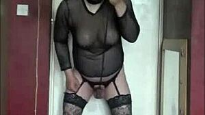 Stretching Ball Sacks in Stockings and Thong