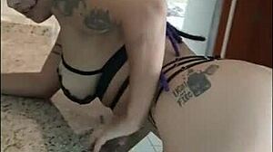 Purple-haired beautiful dances on the table with creampie fun