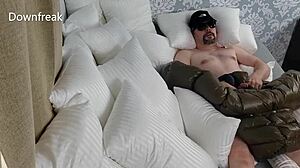 i hump my silky satin jacket, fetish masturbation leading to big cumshot.