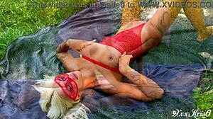 Hot Bitch In Fetish Mask Gets Deepthroat And Cum On Tits In Public