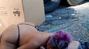 Transsexual shemale sucks cock behind strong truck in barra funda parking lot, gets creampie fucking.