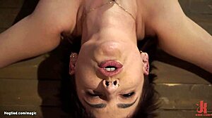 babe bound tight in open squat for kinky punishment. hogtied and roughly taken in bizarre setup.