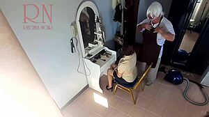 Hidden Camera Captures Hairdresser Undressing Lady at Nude Barbershop