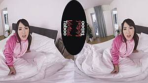 Oh, this brunette asian babe in pyjamas masturbates to orgasm! So taboo!