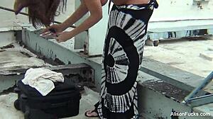 Alison Tyler, behind the scenes, masturbating her pussy