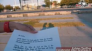 Thin German blonde picked up on street for outdoor cum in mouth