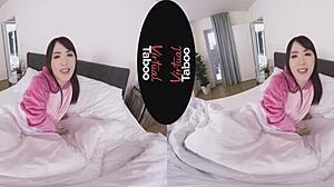 Oh, this brunette asian babe in pyjamas masturbates to orgasm! So taboo!