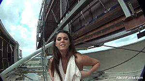 Alison Tyler, behind the scenes, masturbating her pussy