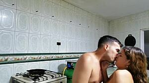 Latina milf fucks cousin in kitchen while family away