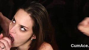 Kinky stunner gulps cum in intense bukkake!