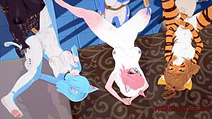 in this furry yiff hentai, three futanari girls fuck three others in cosplay orgy with creampies