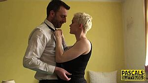 busty sub tattooed and deepthroated before anal pounding.