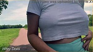 Hey, check this milf flashing big tits in public dare!