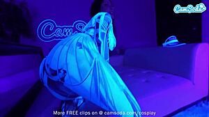 Hey, this sexy teen in cosplay costume is masturbating and blowing a huge cock on webcam