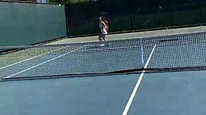 Brunette Amateur Babe Abbie Maley Engages In Public Flashing And Sex On Tennis Court