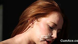 Kinky bombshell gets cumshot on her face eating all the love juice