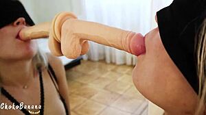 Blonde Blindfolded Girl Gives A Sloppy Blowjob To A Big Dildo.