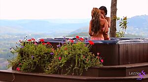 two lesbian bffs get nude in jacuzzi outdoors